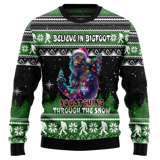 Believe In Bigfoot Squatching Through The Snow Ugly Christmas Sweater