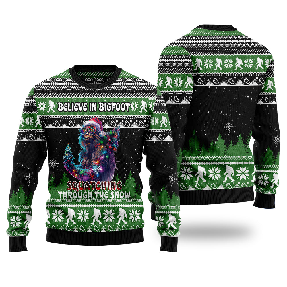 Believe In Bigfoot Squatching Through The Snow Ugly Christmas Sweater