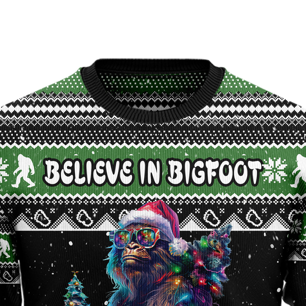 Believe In Bigfoot Squatching Through The Snow Ugly Christmas Sweater
