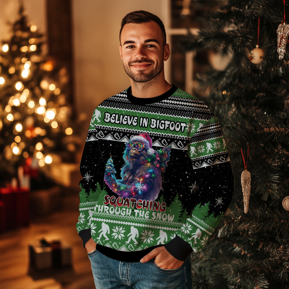 Believe In Bigfoot Squatching Through The Snow Ugly Christmas Sweater