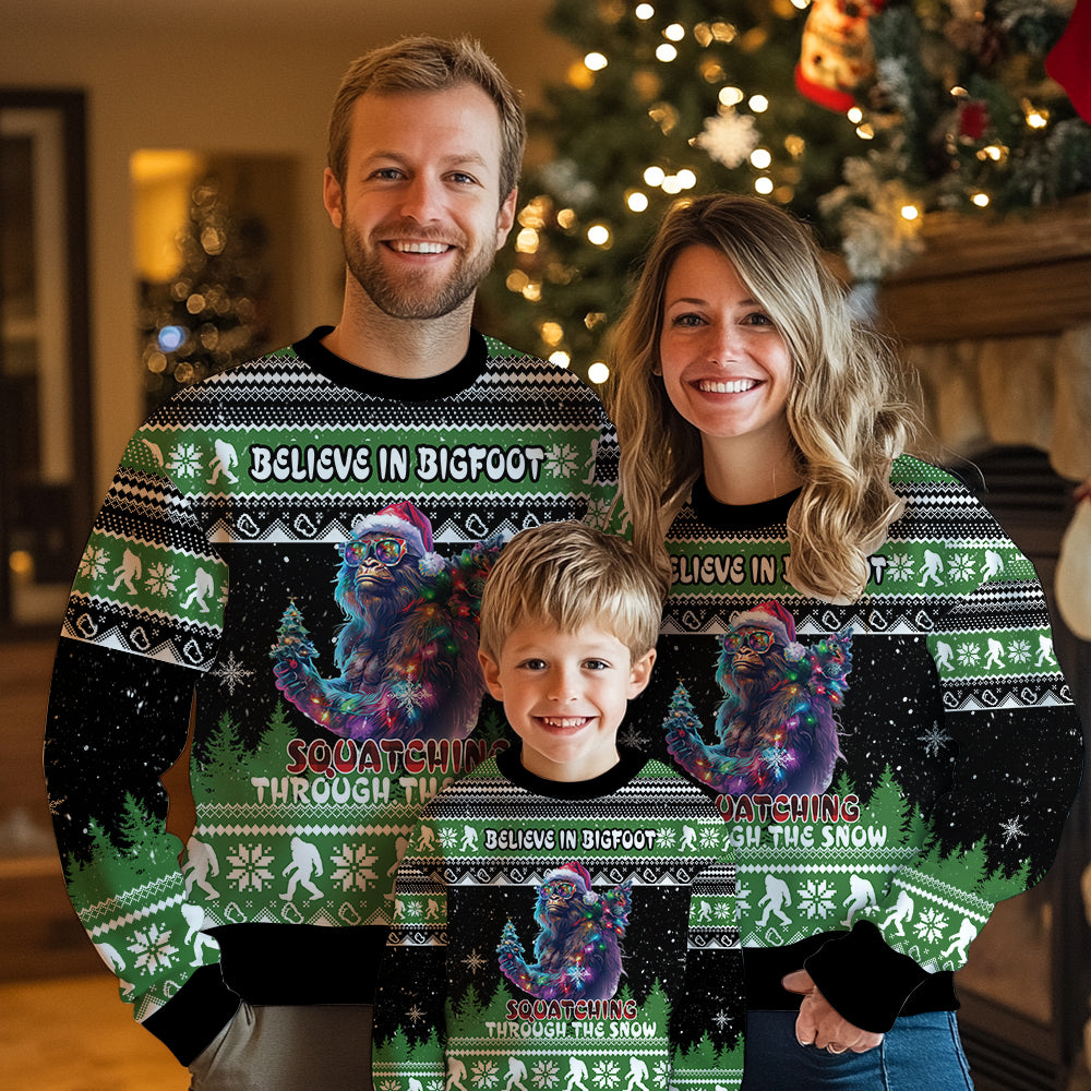 Believe In Bigfoot Squatching Through The Snow Ugly Christmas Sweater