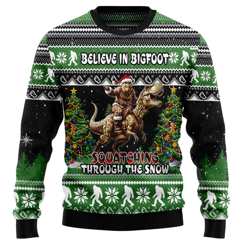 Funny Bigfoot Riding T-Rex Ugly Christmas Sweater