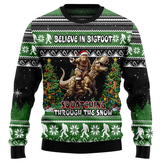 Funny Bigfoot Riding T-Rex Ugly Christmas Sweater