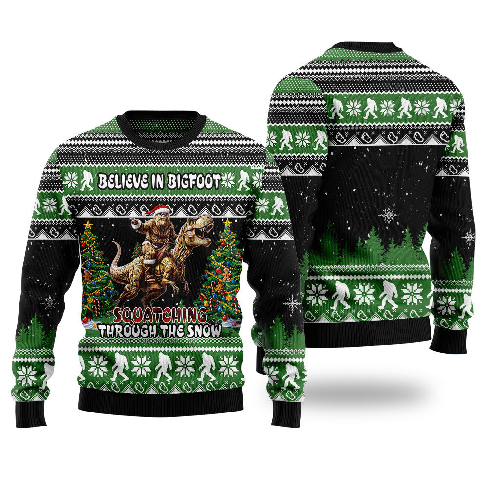 Funny Bigfoot Riding T-Rex Ugly Christmas Sweater