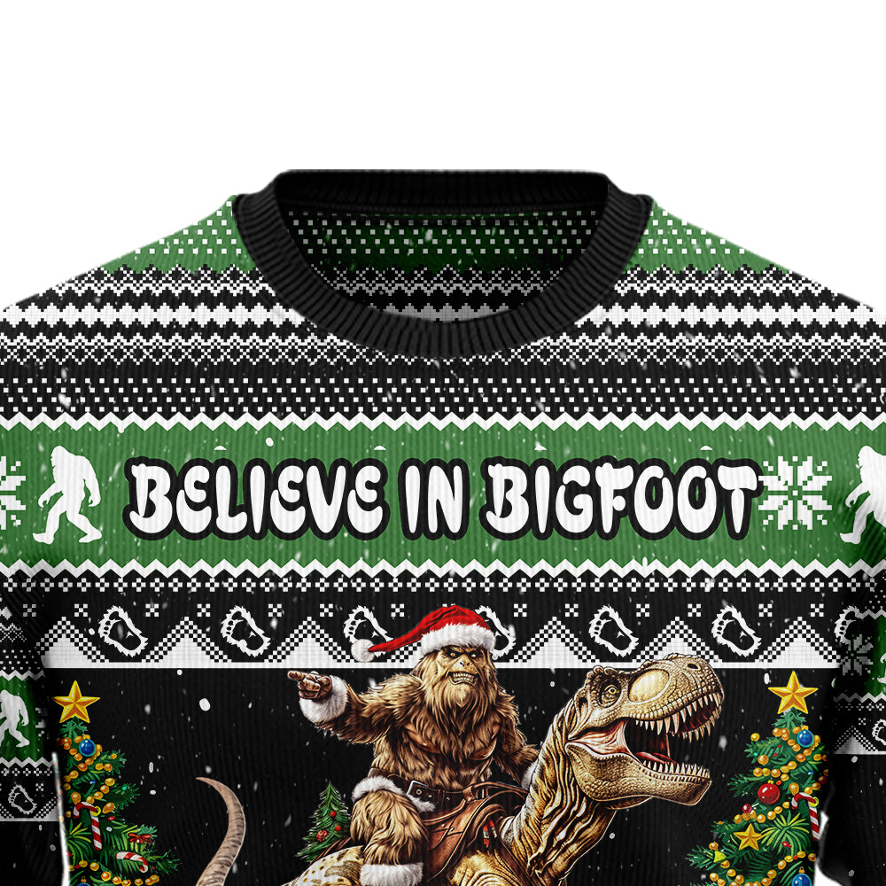 Funny Bigfoot Riding T-Rex Ugly Christmas Sweater