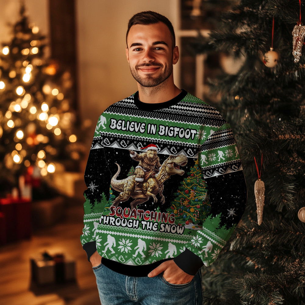 Funny Bigfoot Riding T-Rex Ugly Christmas Sweater