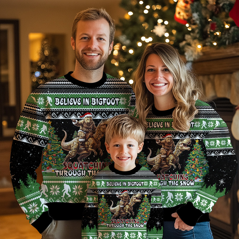 Funny Bigfoot Riding T-Rex Ugly Christmas Sweater