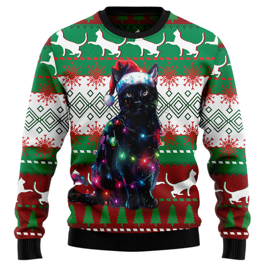 Festive Black Cat Ugly Christmas Sweater
