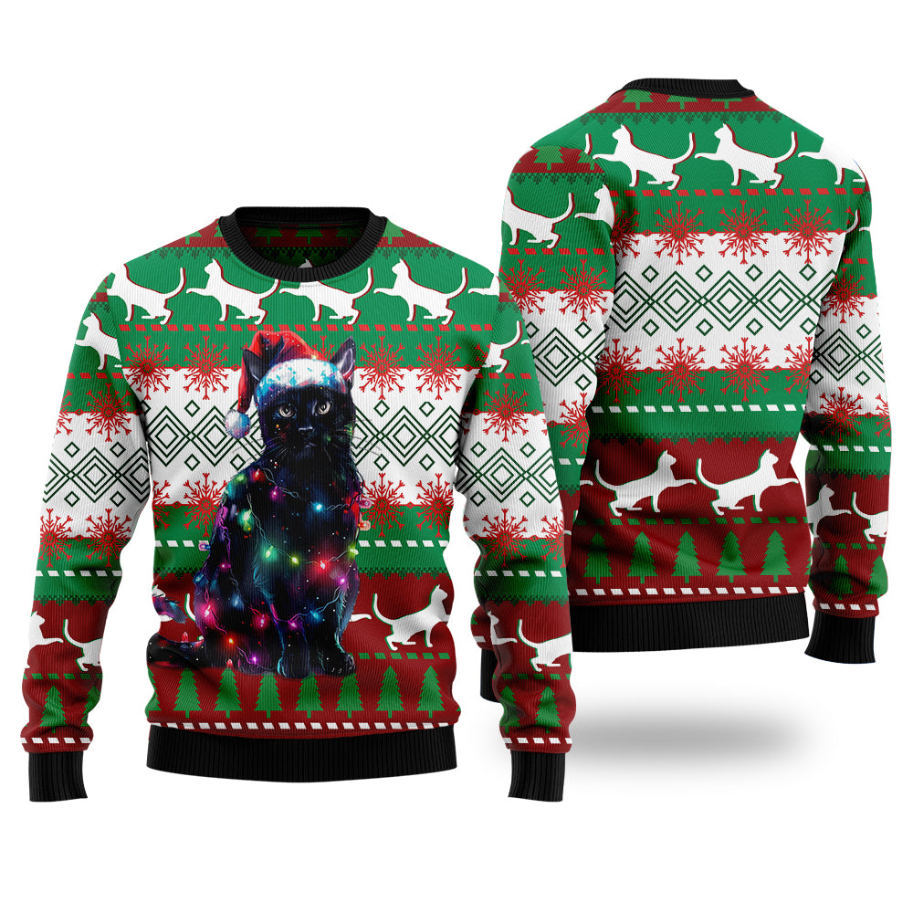 Festive Black Cat Ugly Christmas Sweater