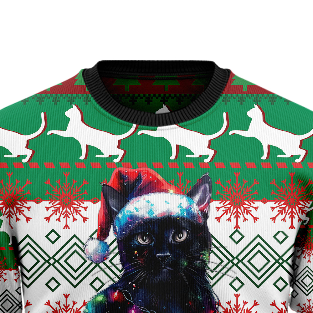 Festive Black Cat Ugly Christmas Sweater