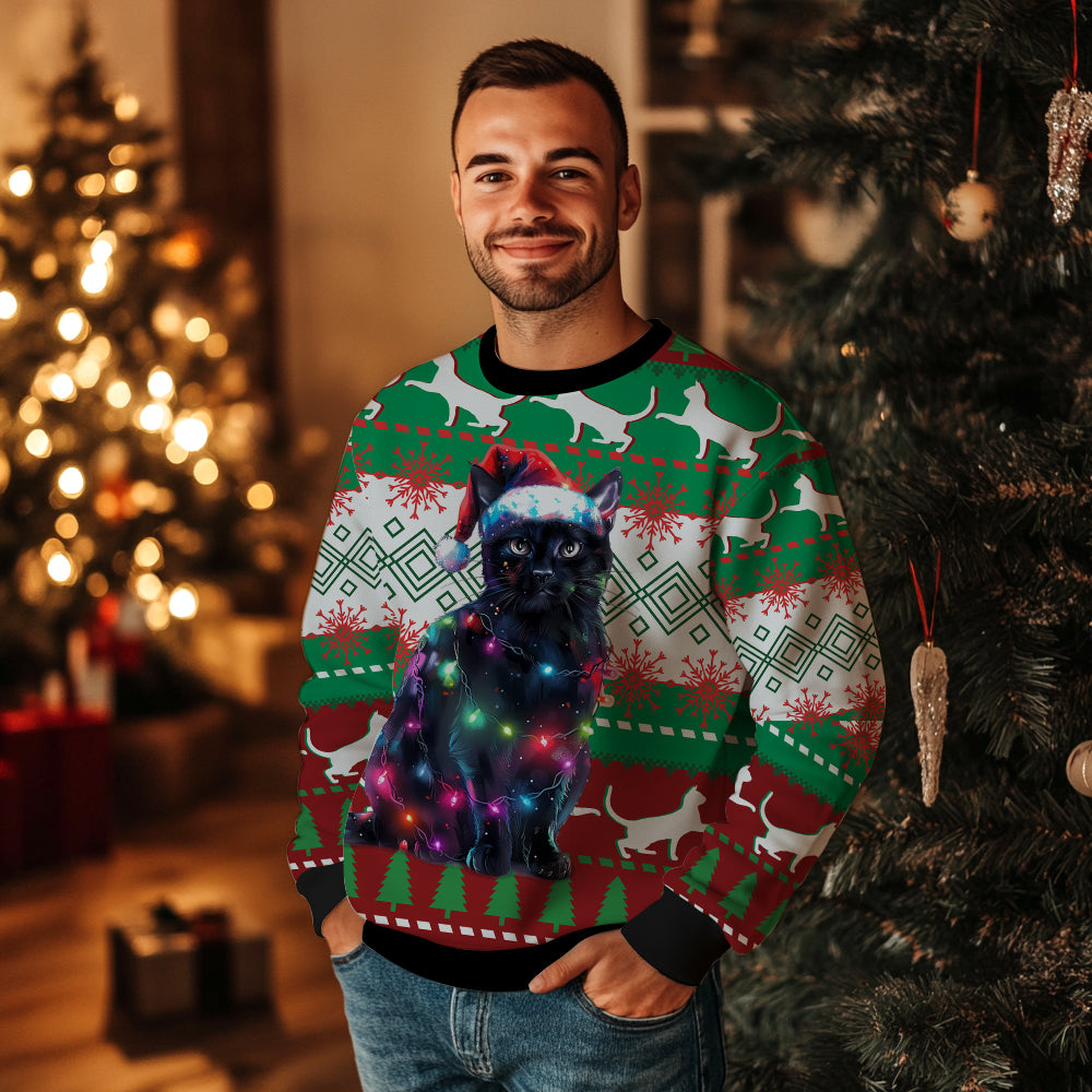Festive Black Cat Ugly Christmas Sweater