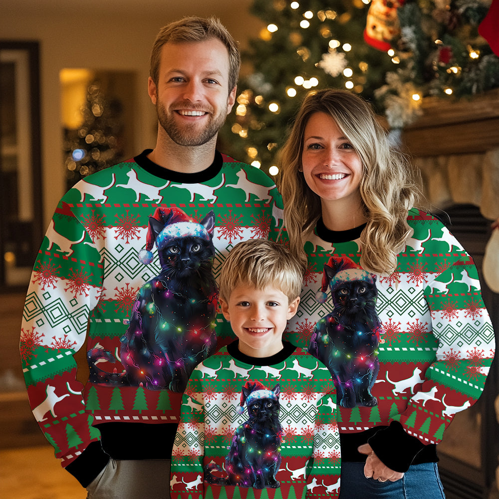 3D Black Cat Santa Ugly Christmas Sweater, Funny Feline Holiday Pullover, Pet Lover Gag Gift for Men Women