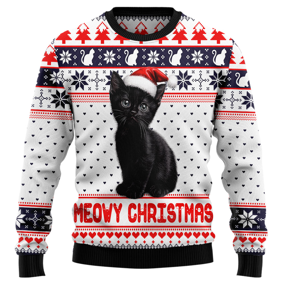 "Meowy Christmas" Black Cat Santa Hat Ugly Christmas Sweater