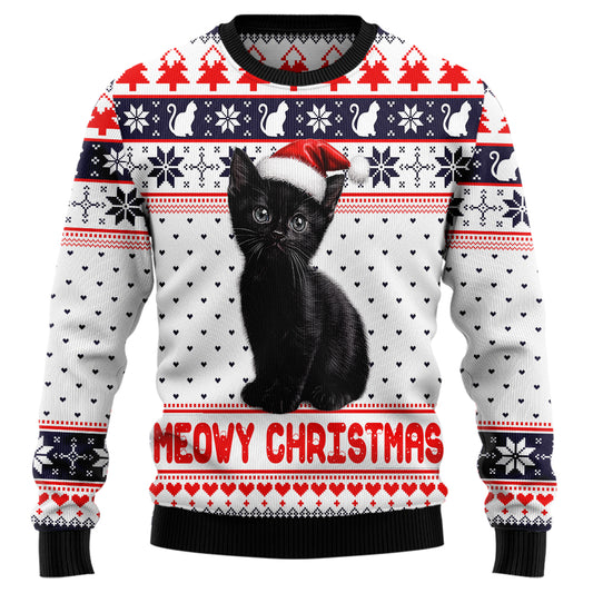 "Meowy Christmas" Black Cat Santa Hat Ugly Christmas Sweater