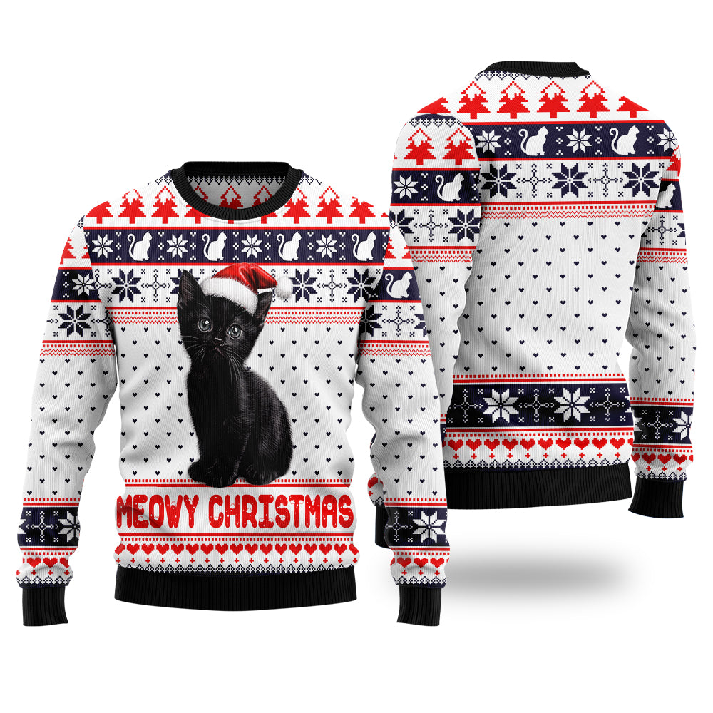 "Meowy Christmas" Black Cat Santa Hat Ugly Christmas Sweater