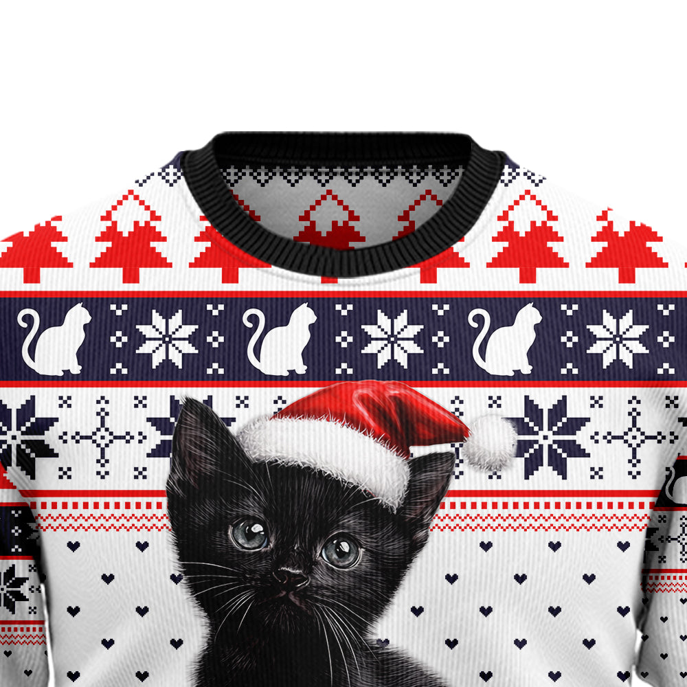 "Meowy Christmas" Black Cat Santa Hat Ugly Christmas Sweater