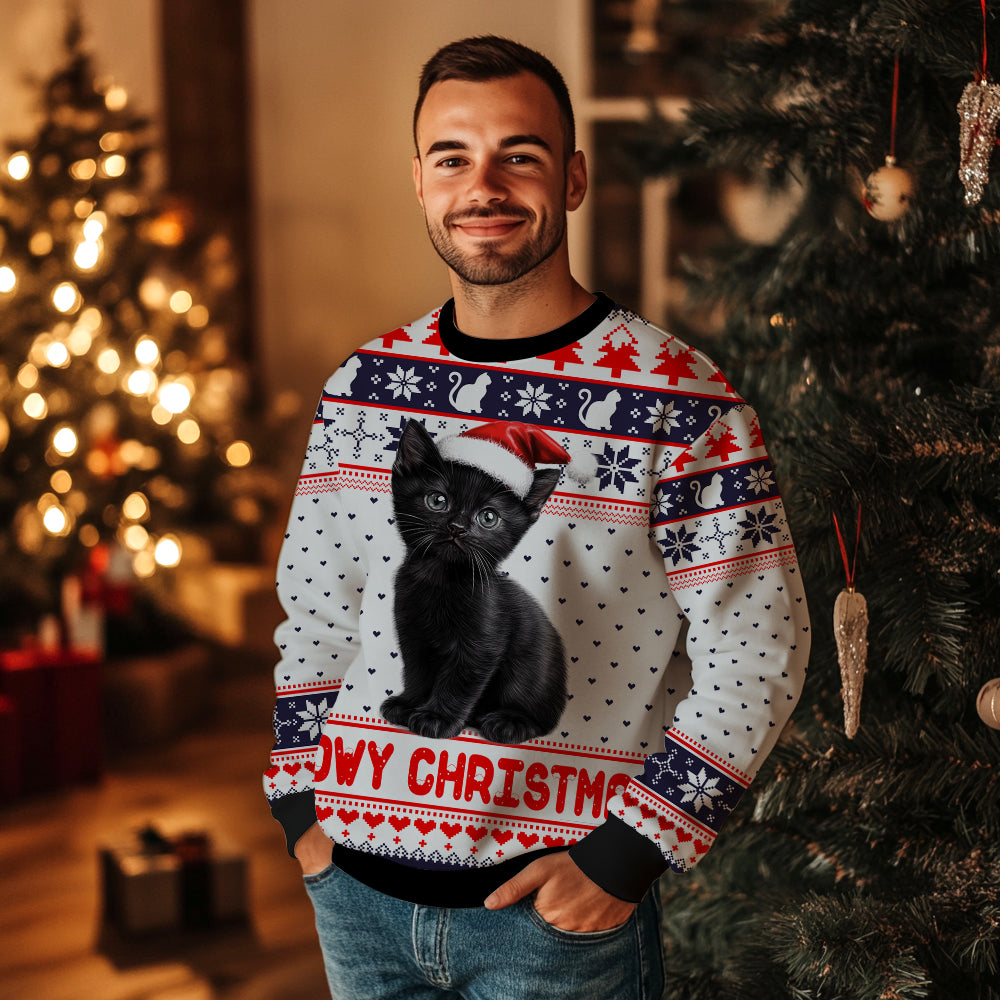"Meowy Christmas" Black Cat Santa Hat Ugly Christmas Sweater