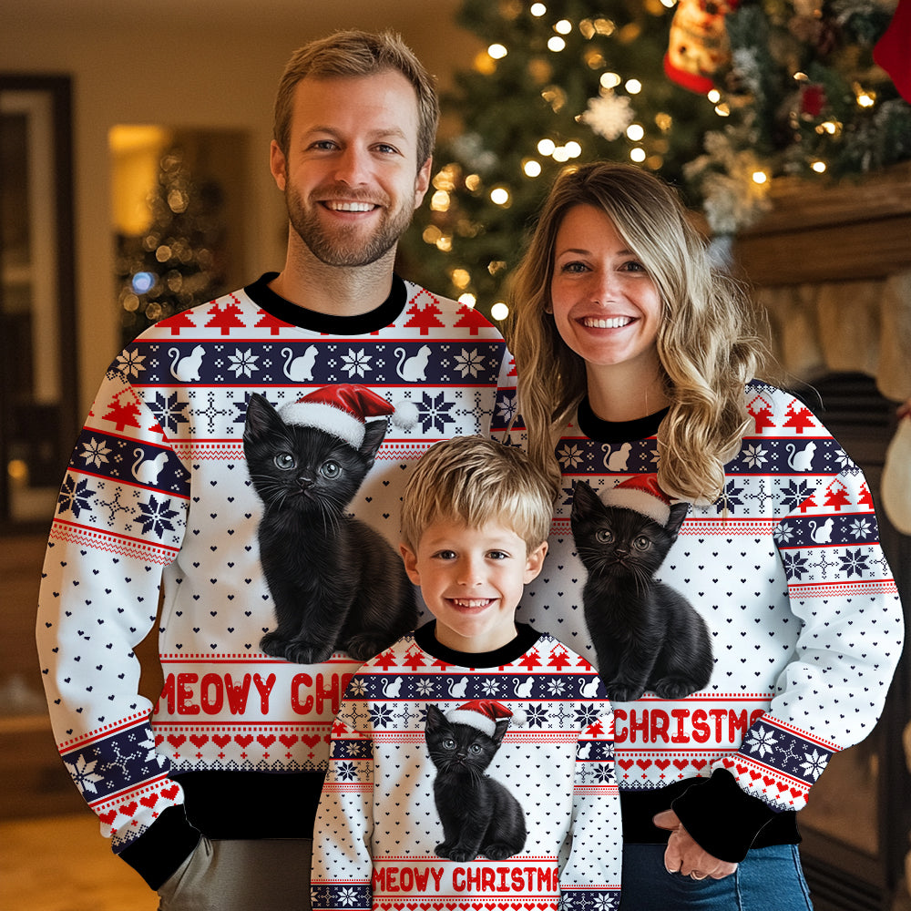 "Meowy Christmas" Black Cat Santa Hat Ugly Christmas Sweater
