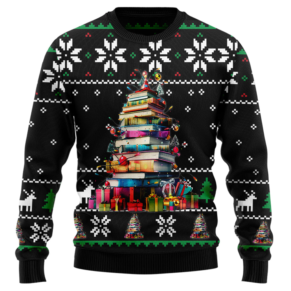 Book Lover Ugly Christmas Sweater, Funny Reading Xmas Tree Holiday Sweatshirt, Novelty Bookworm Pullover Men Women