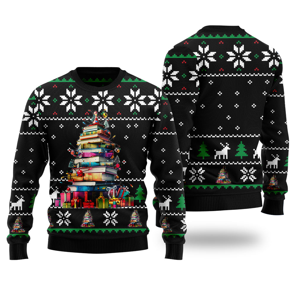 Book Lover Ugly Christmas Sweater, Funny Reading Xmas Tree Holiday Sweatshirt, Novelty Bookworm Pullover Men Women