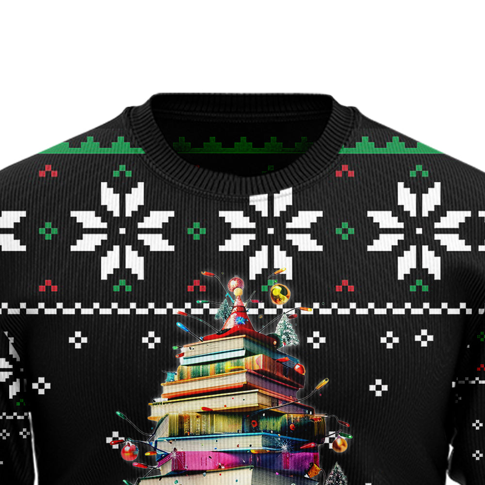 Book Lover Ugly Christmas Sweater, Funny Reading Xmas Tree Holiday Sweatshirt, Novelty Bookworm Pullover Men Women