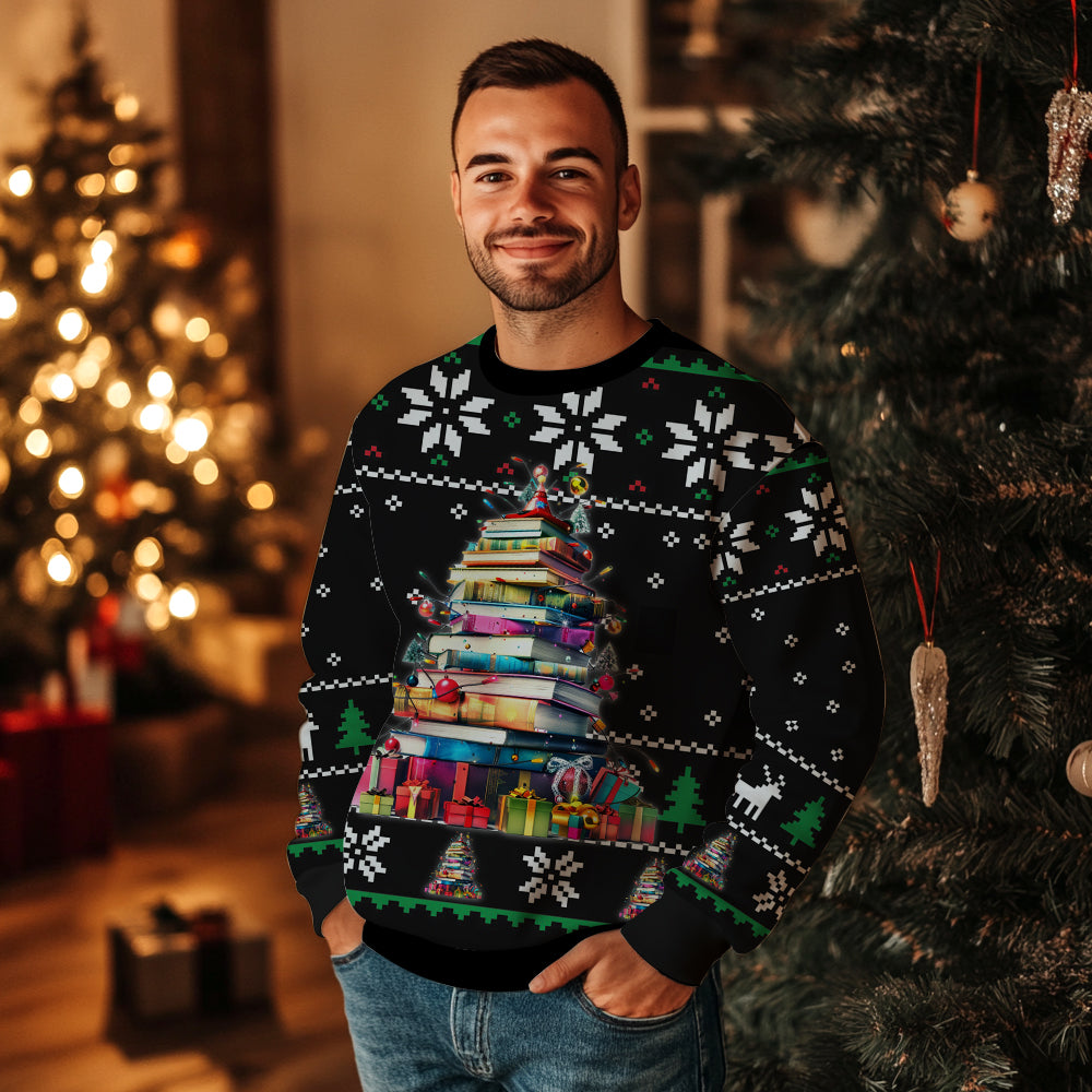 Book Lover Ugly Christmas Sweater, Funny Reading Xmas Tree Holiday Sweatshirt, Novelty Bookworm Pullover Men Women
