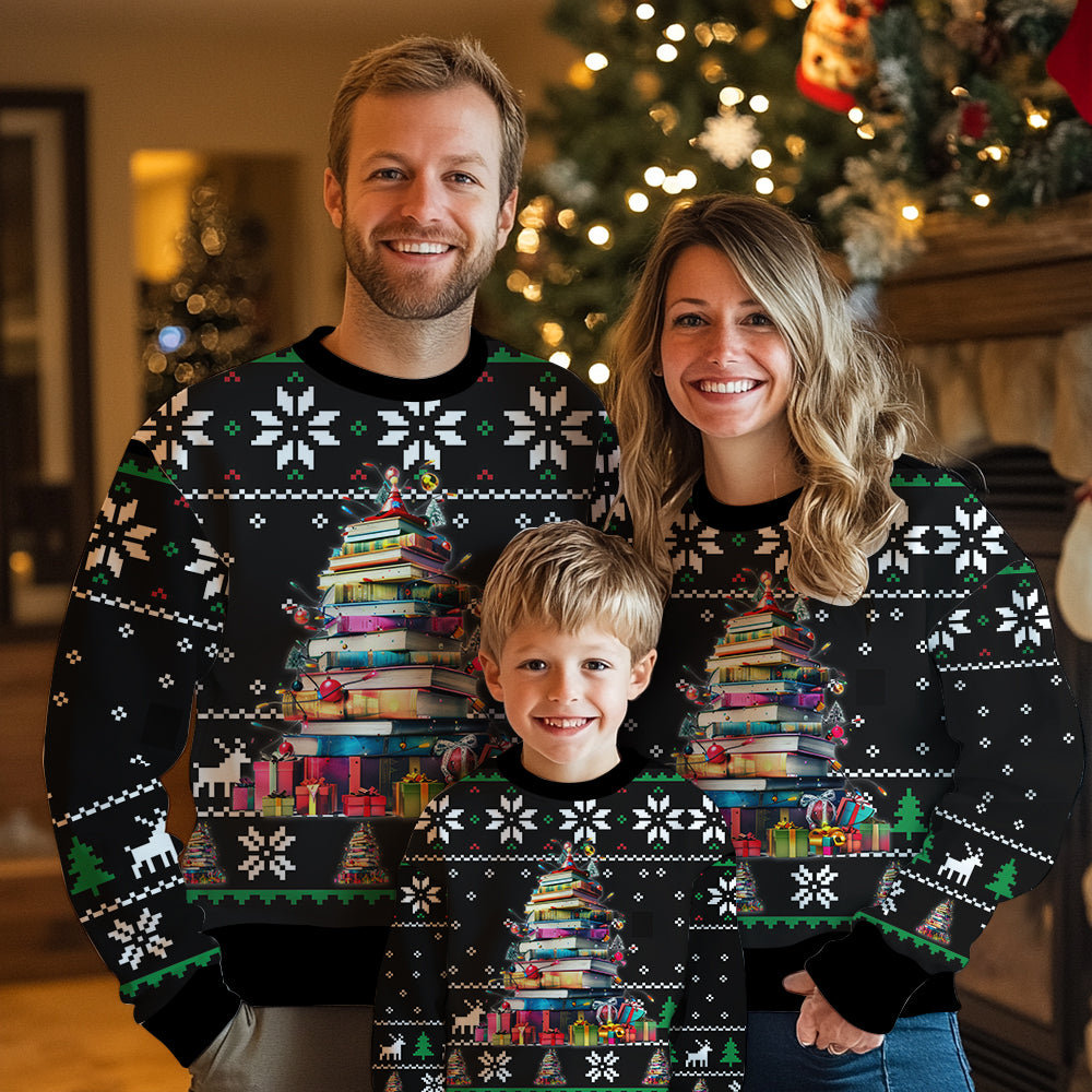 Book Lover Ugly Christmas Sweater, Funny Reading Xmas Tree Holiday Sweatshirt, Novelty Bookworm Pullover Men Women