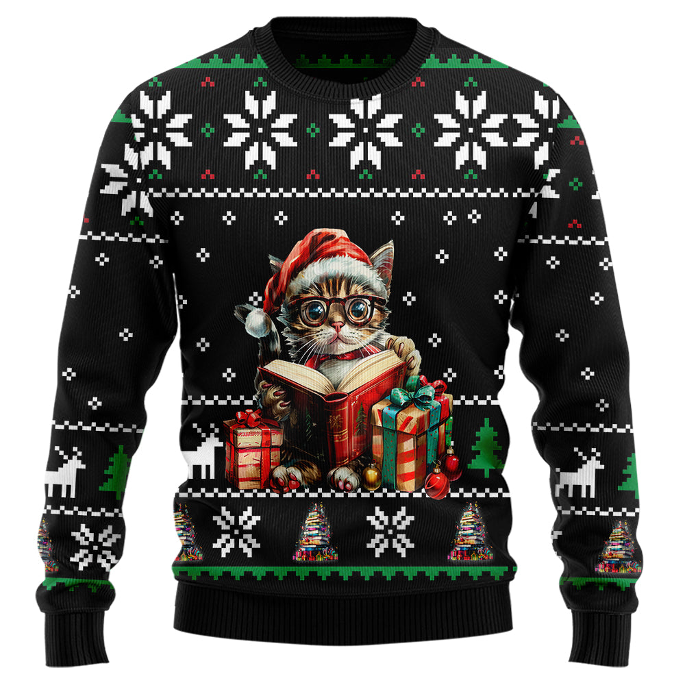Festive Reading Cat Books Ugly Christmas Sweater