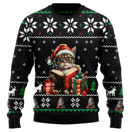 Festive Reading Cat Books Ugly Christmas Sweater