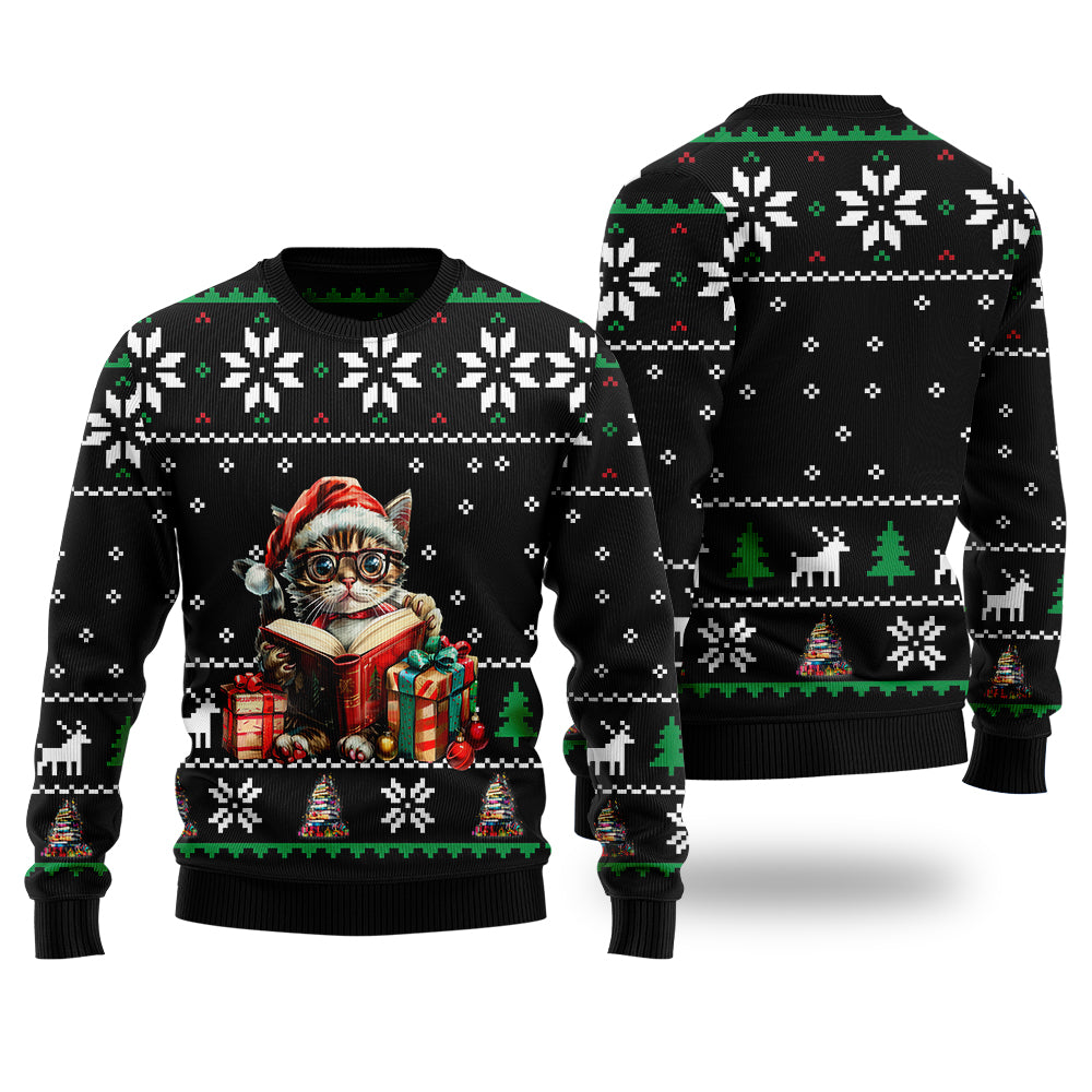 Festive Reading Cat Books Ugly Christmas Sweater