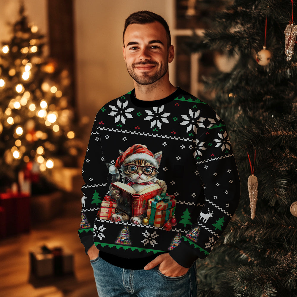 Festive Reading Cat Books Ugly Christmas Sweater
