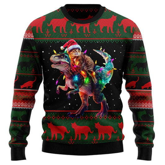 Cat Riding T-Rex Ugly Christmas Sweater