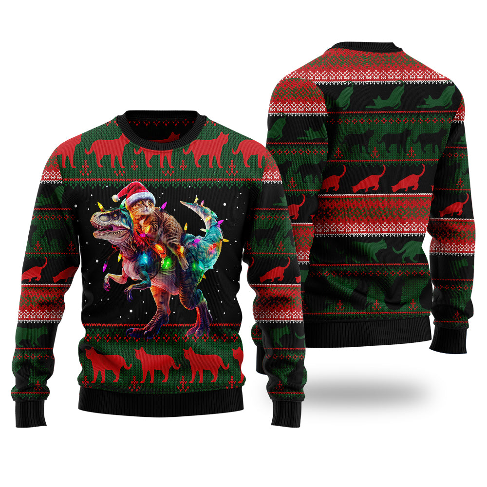 Cat Riding T-Rex Ugly Christmas Sweater