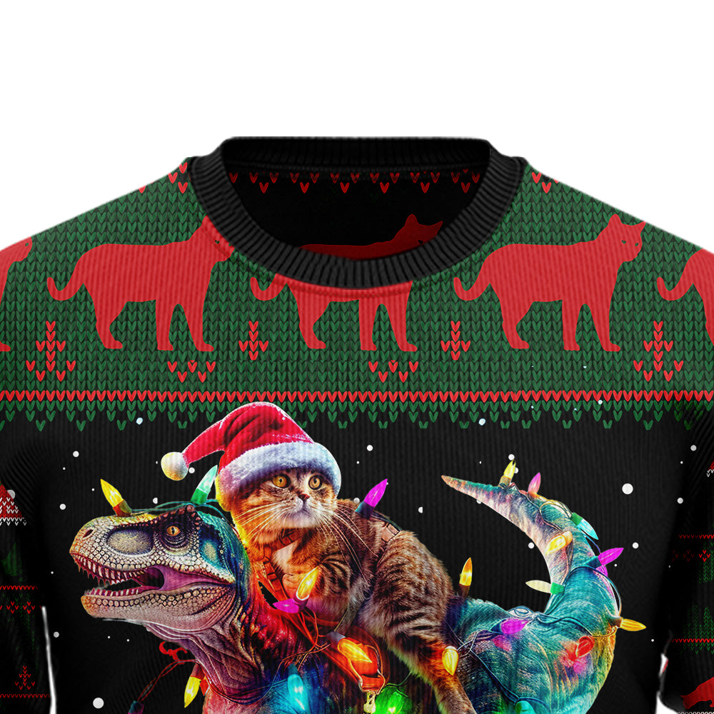 Cat Riding T-Rex Ugly Christmas Sweater