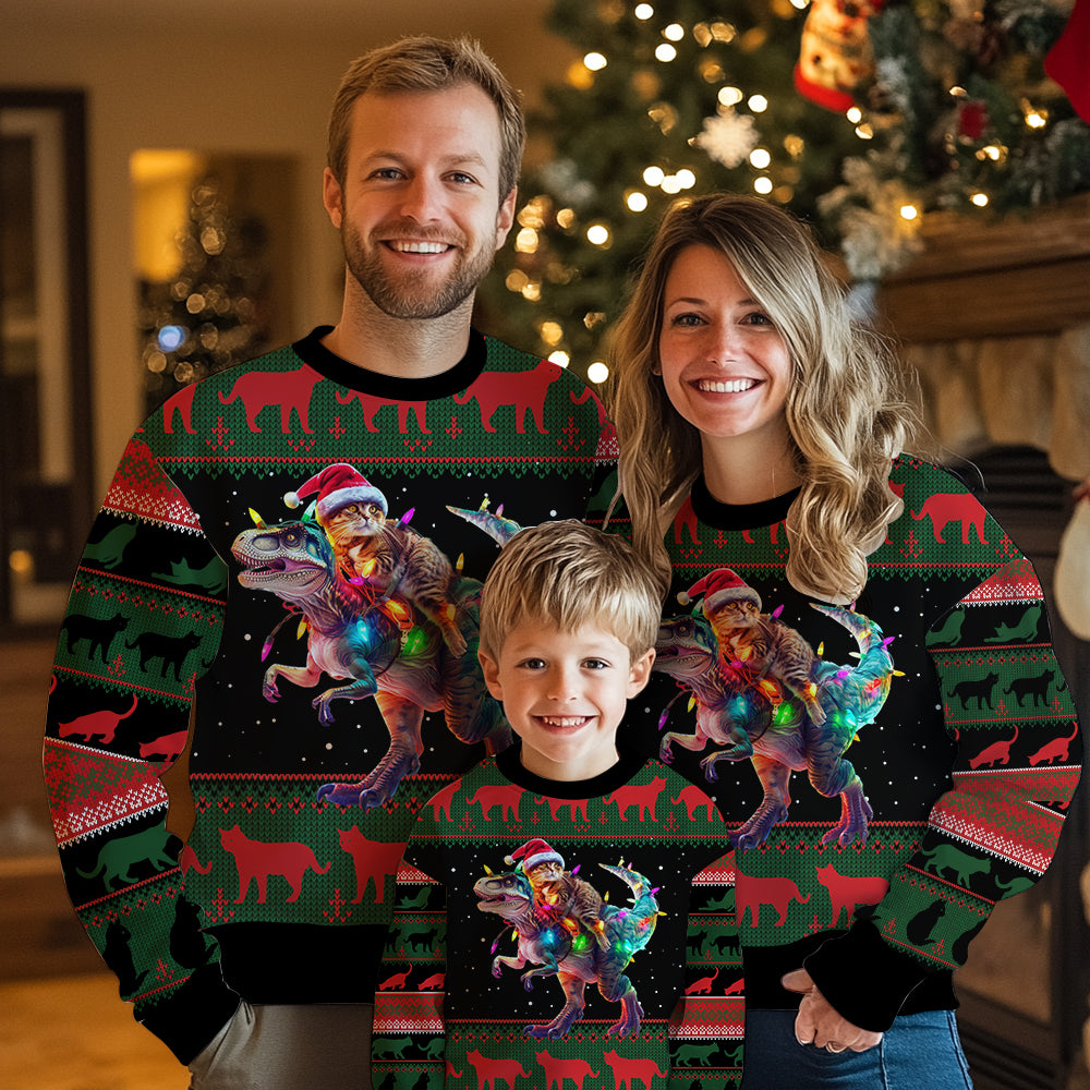 Cat Riding T-Rex Ugly Christmas Sweater
