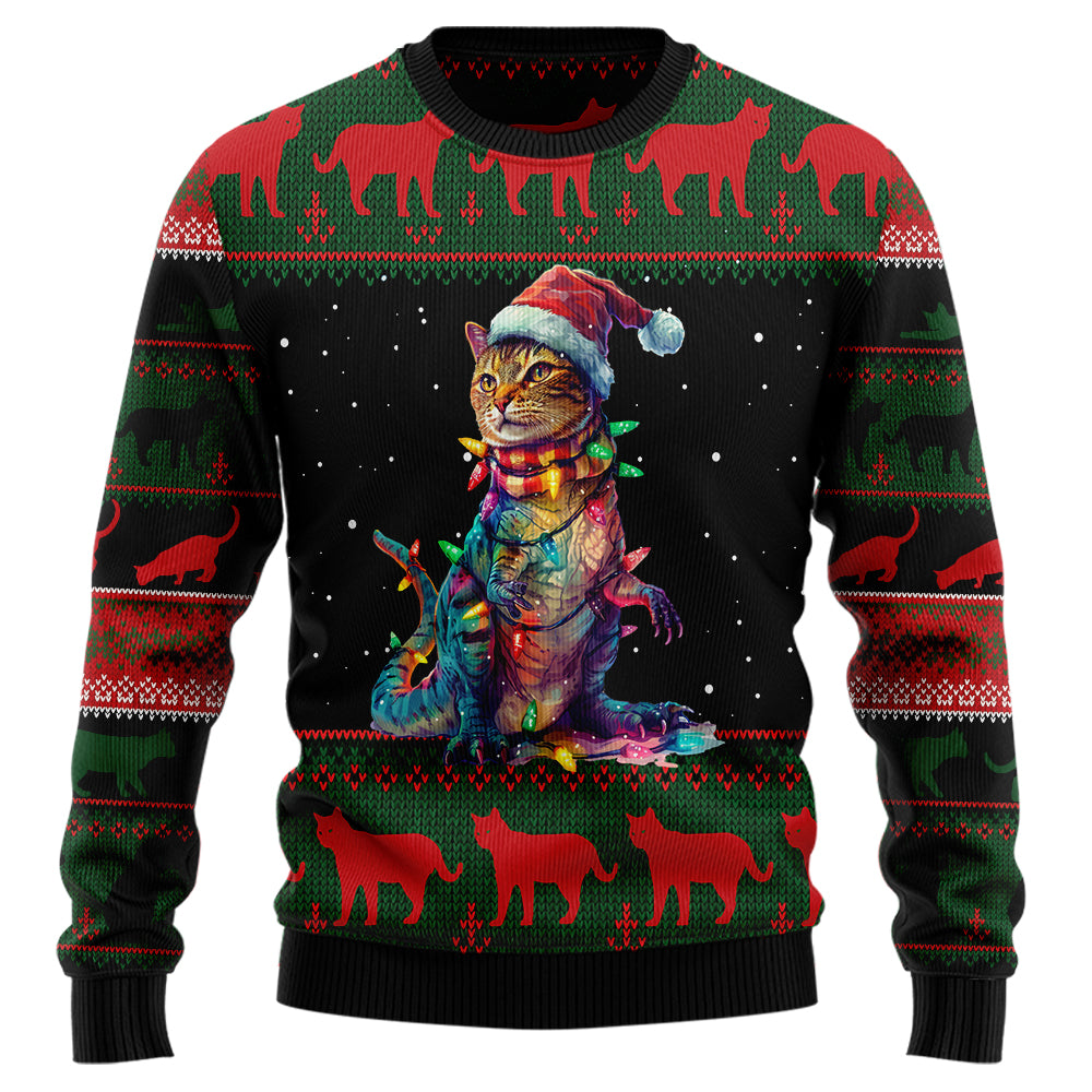 Cat T-Rex Ugly Christmas Sweater, Funny Dinosaur Feline Meme Holiday Sweatshirt, Novelty Xmas Party Gift for Men & Women