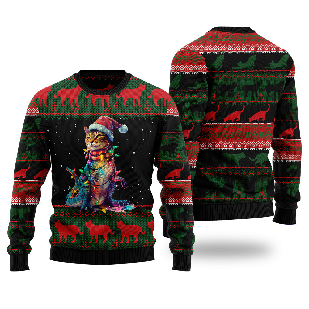 Cat T-Rex Ugly Christmas Sweater, Funny Dinosaur Feline Meme Holiday Sweatshirt, Novelty Xmas Party Gift for Men & Women