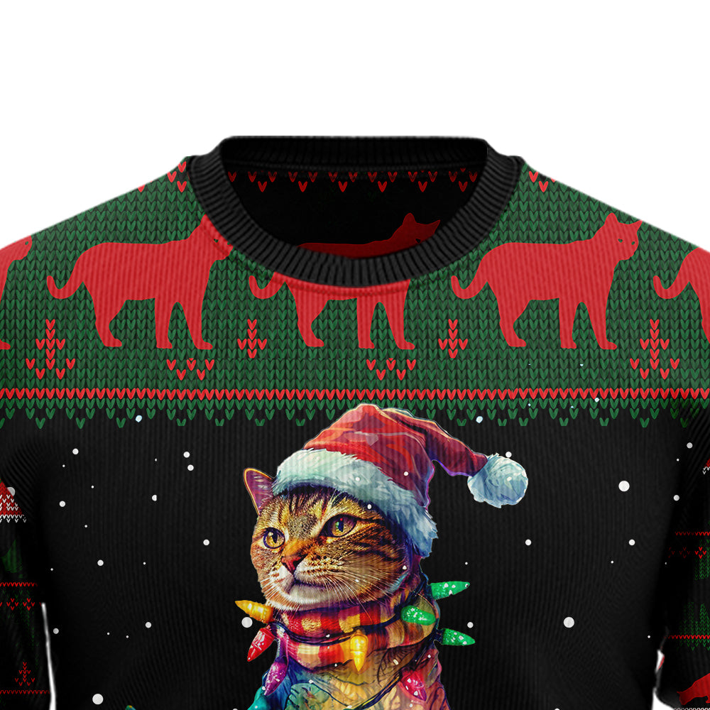 Cat T-Rex Ugly Christmas Sweater, Funny Dinosaur Feline Meme Holiday Sweatshirt, Novelty Xmas Party Gift for Men & Women