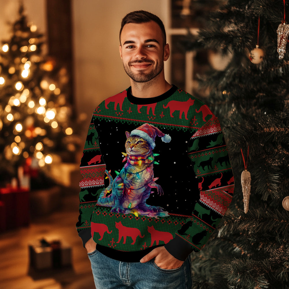 Cat T-Rex Ugly Christmas Sweater, Funny Dinosaur Feline Meme Holiday Sweatshirt, Novelty Xmas Party Gift for Men & Women