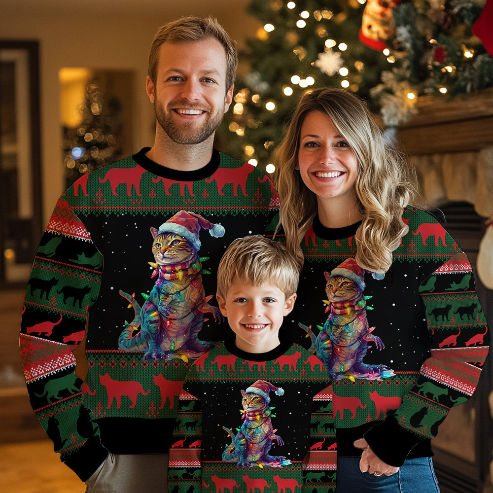Cat T-Rex Ugly Christmas Sweater, Funny Dinosaur Feline Meme Holiday Sweatshirt, Novelty Xmas Party Gift for Men & Women