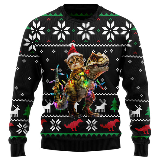 Funny Cat Riding T-Rex Ugly Christmas Sweater