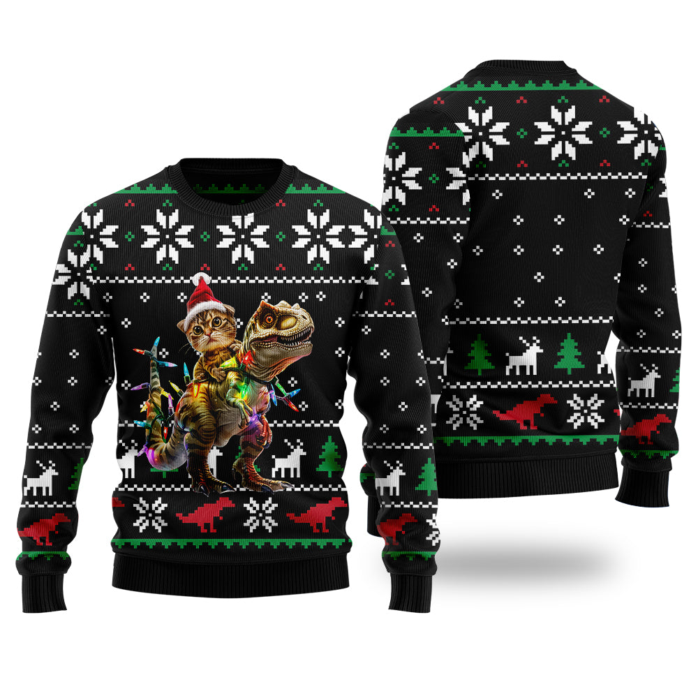 Funny Cat Riding T-Rex Ugly Christmas Sweater