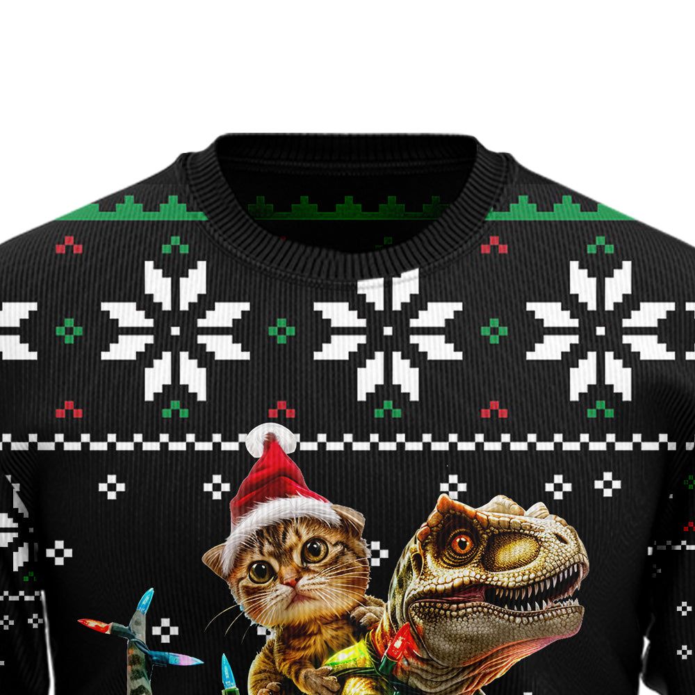 Funny Cat Riding T-Rex Ugly Christmas Sweater