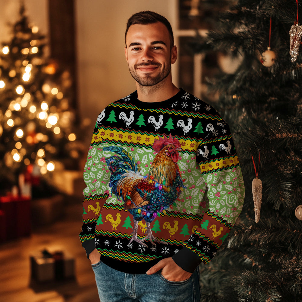 Christmas Lights Rooster Ugly Christmas Sweater