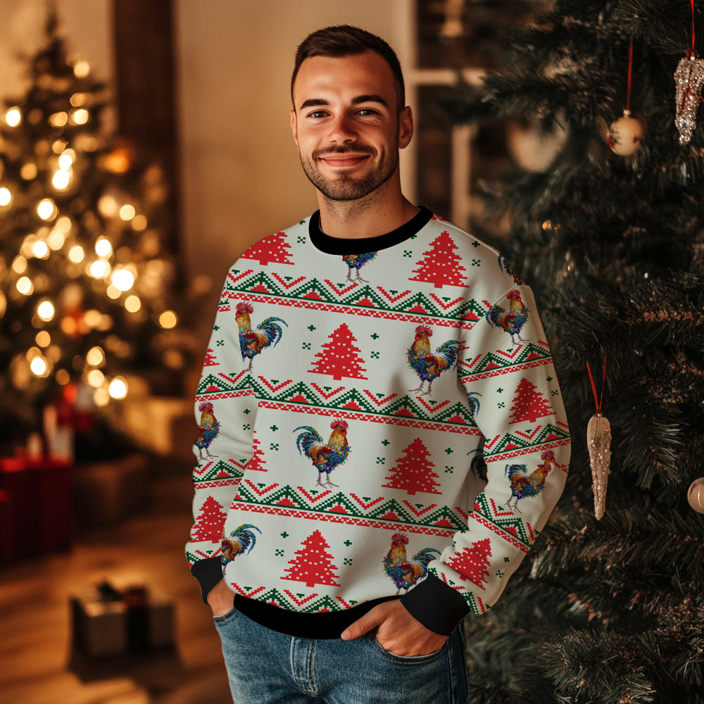 Chicken Ugly Christmas Sweater, Funny Rooster Holiday Sweatshirt, Cute Farm Animal Xmas Party Pullover Men Women