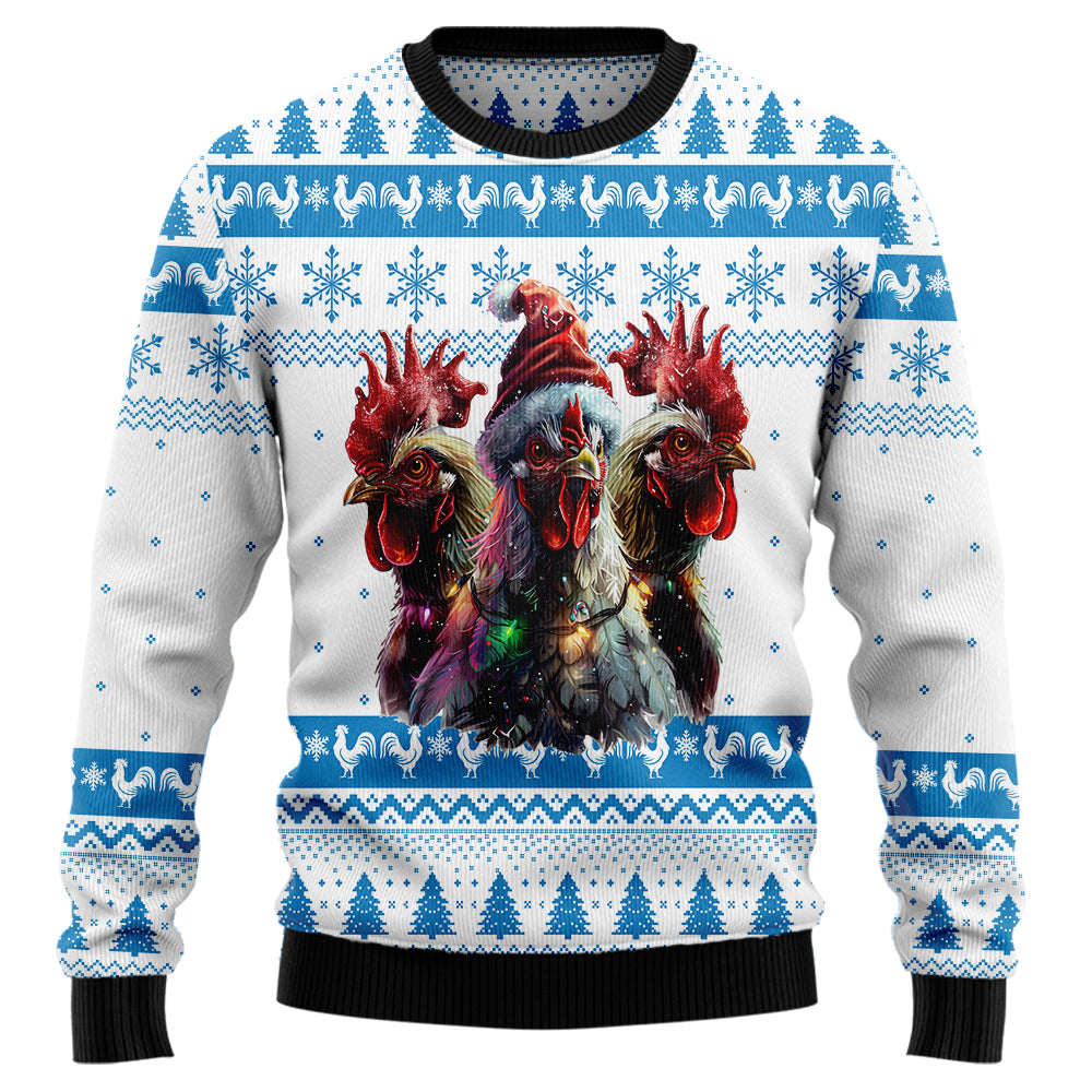 Festive Chickens in Santa Hat Ugly Christmas Sweater