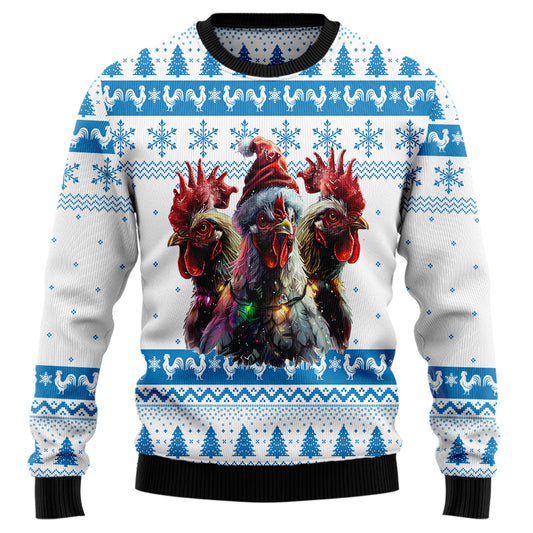 Festive Chickens in Santa Hat Ugly Christmas Sweater