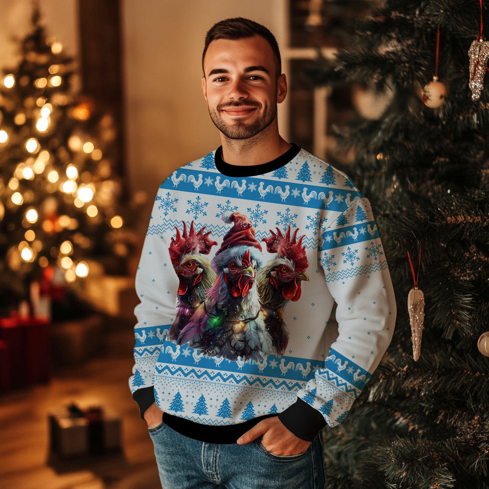 Festive Chickens in Santa Hat Ugly Christmas Sweater