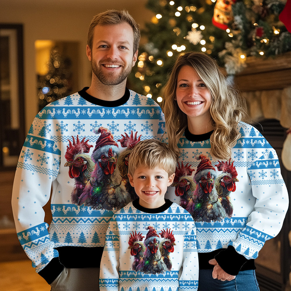 Festive Chickens in Santa Hat Ugly Christmas Sweater