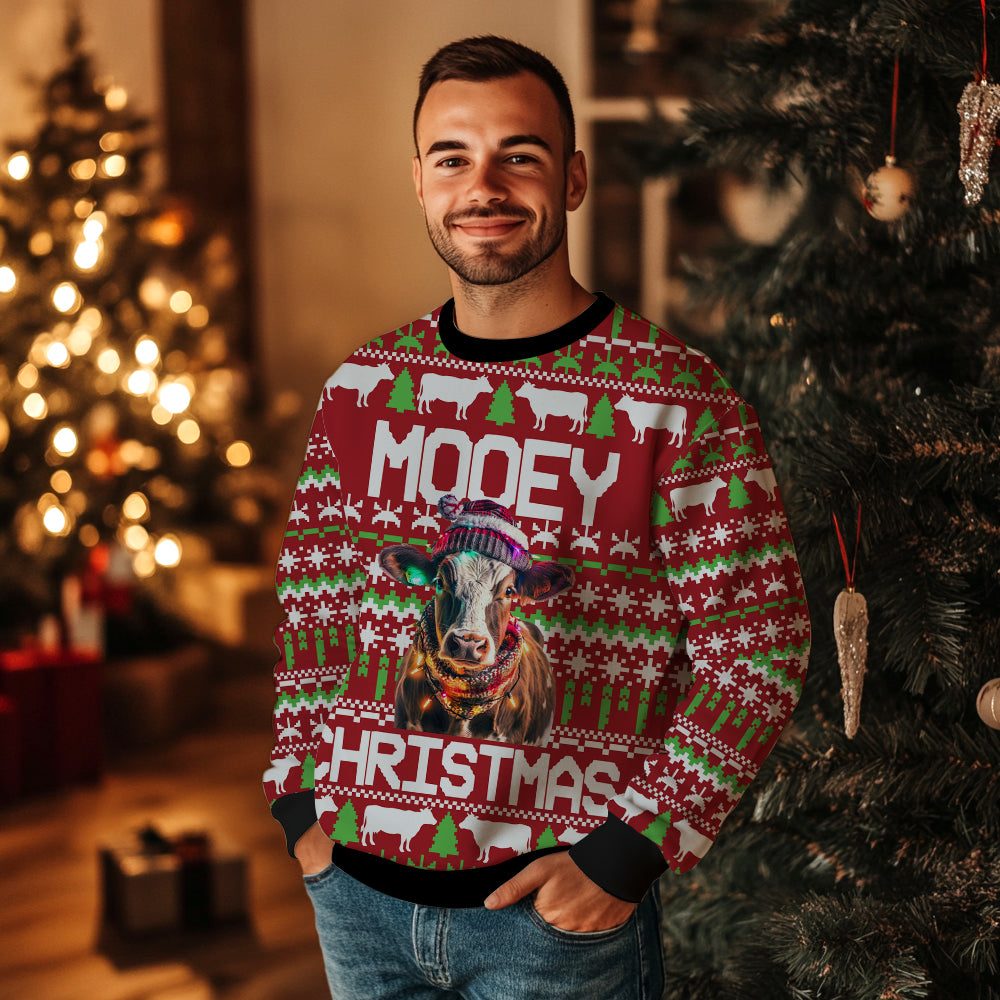 Mooey Christmas Cow Ugly Christmas Sweater, Funny Farm Animal Holiday Sweatshirt, Novelty Xmas Gift for Men and Women